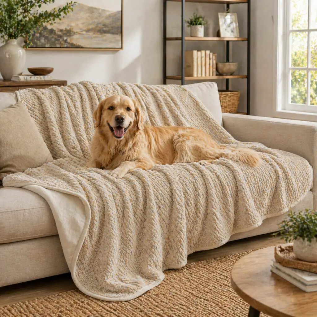 Golden retriever relaxing on a cream fleece furniture protector throw covering a sofa.