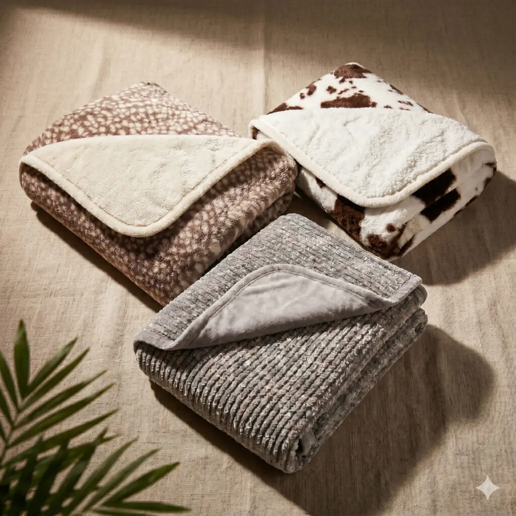 Stack of folded fleece and sherpa pet throw blankets in patterned and solid grey colors.