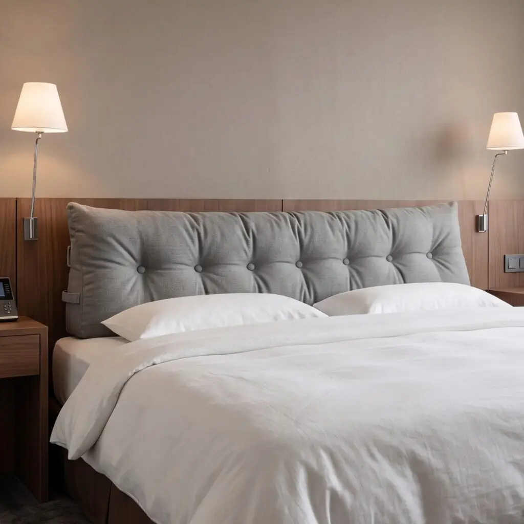 King-size grey tufted foam headboard cushion resting behind bed pillows.